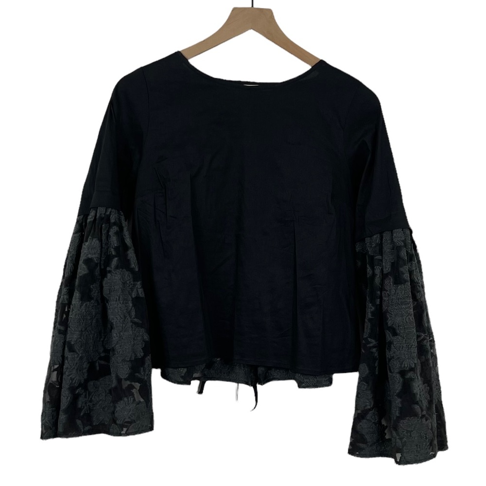 Sea New York Black Blouse with Green Floral Sleeves